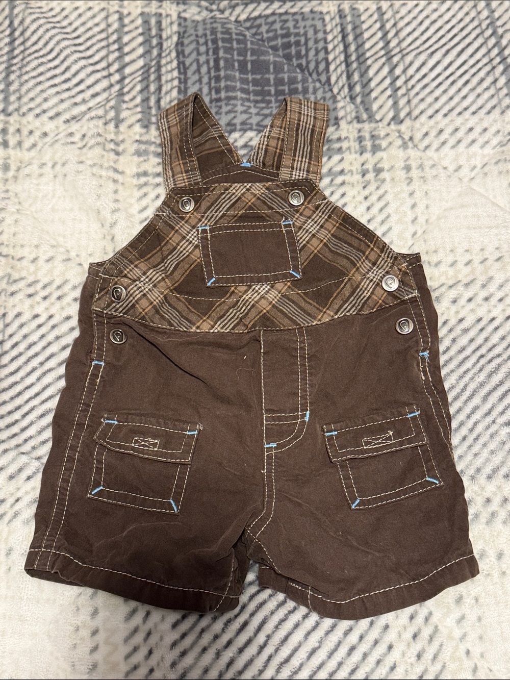 Kids Brown Plaid-Trim Short Overalls